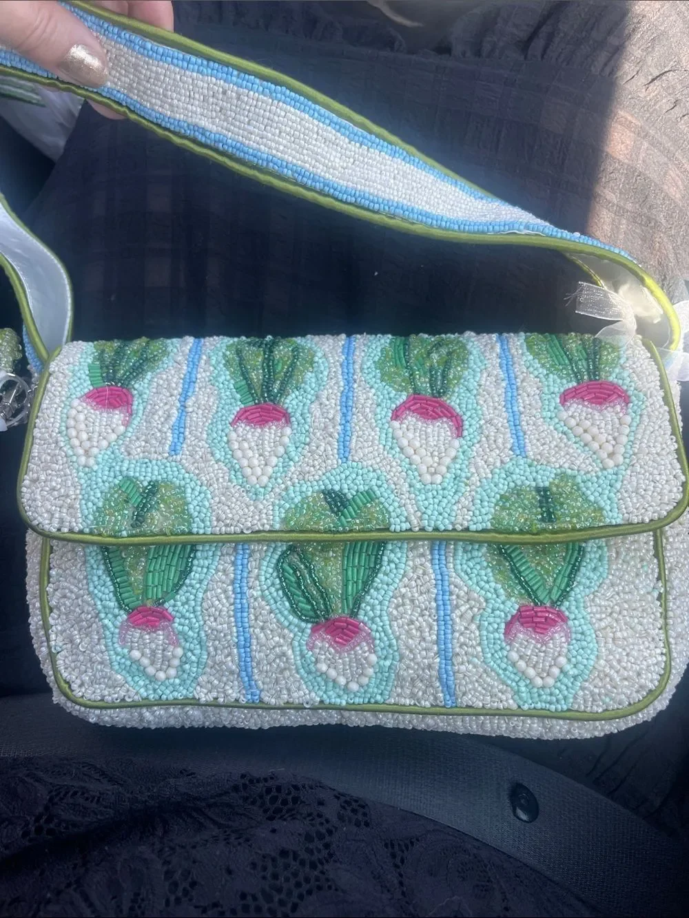 Beaded White & Green Turnip Shoulder Bag with Pink Accents
